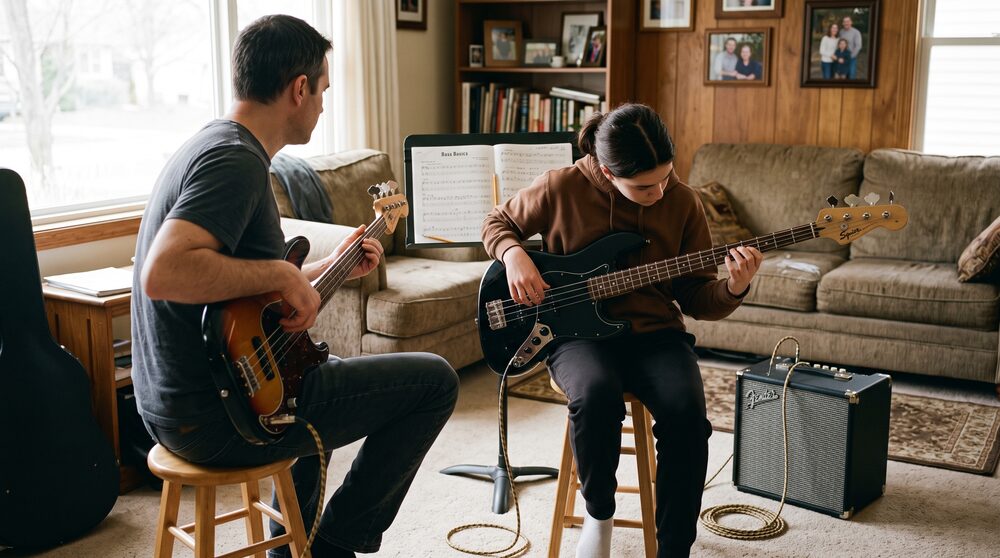 A bass lesson at home, instructor and student playing together