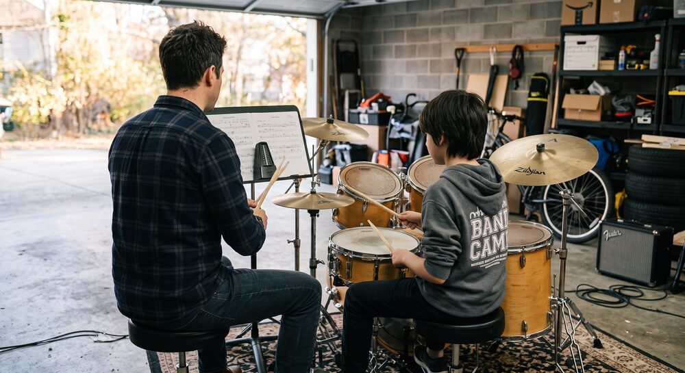 A drum lesson at home, instructor and student at the kit together
