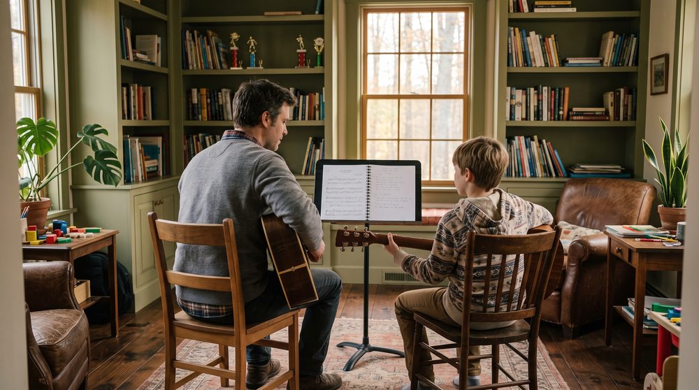An instructor and a young student with guitars either side of a music stand in a family study