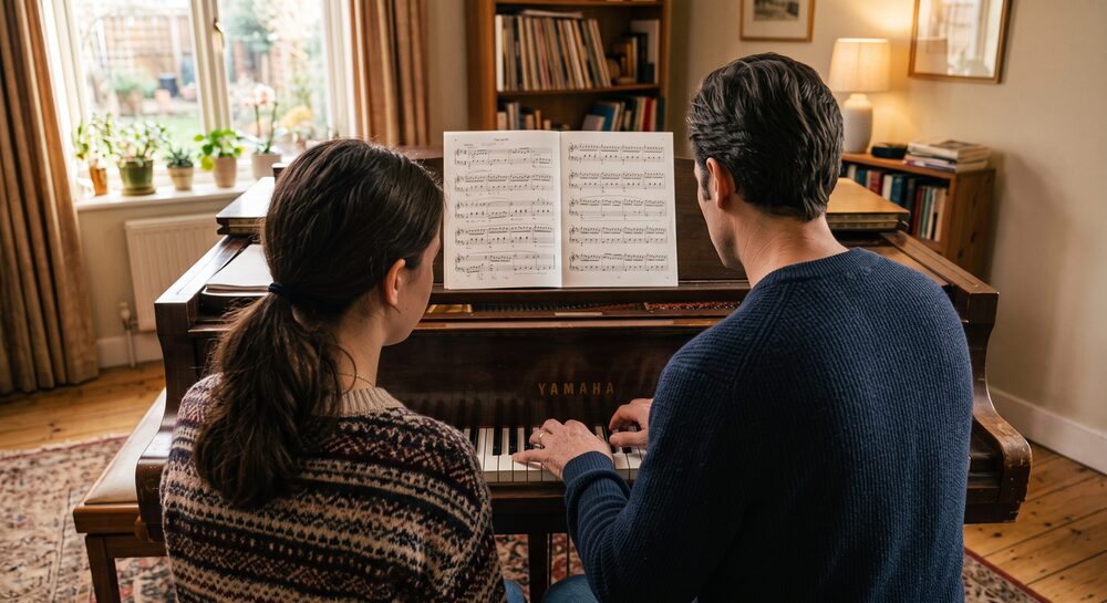 An instructor sitting at the piano beside a young student during a lesson at home