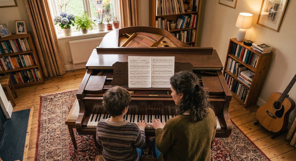 An instructor and a child playing a piano in a family living room, seen from above