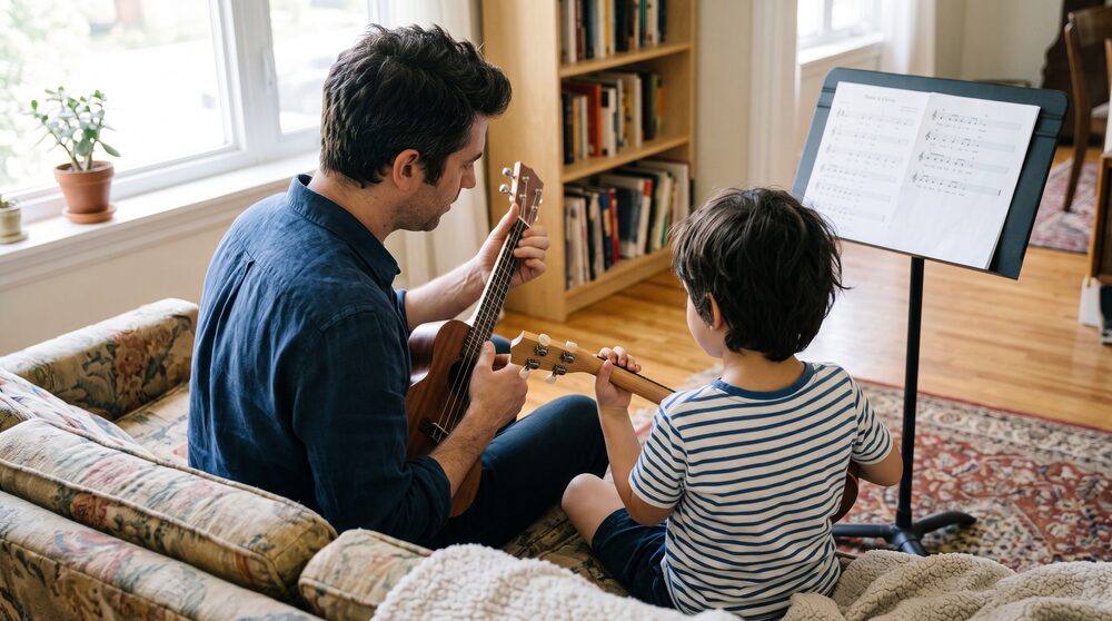 A ukulele lesson at home, instructor and student playing together