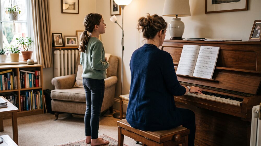 A voice lesson at home, student singing while the instructor accompanies at the piano